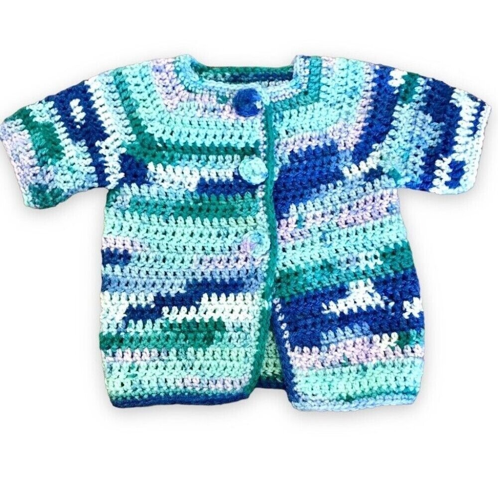 Handmade Hand Knit Baby Girl Cottage Core Coastal Button-Up Crocheted Cardigan.